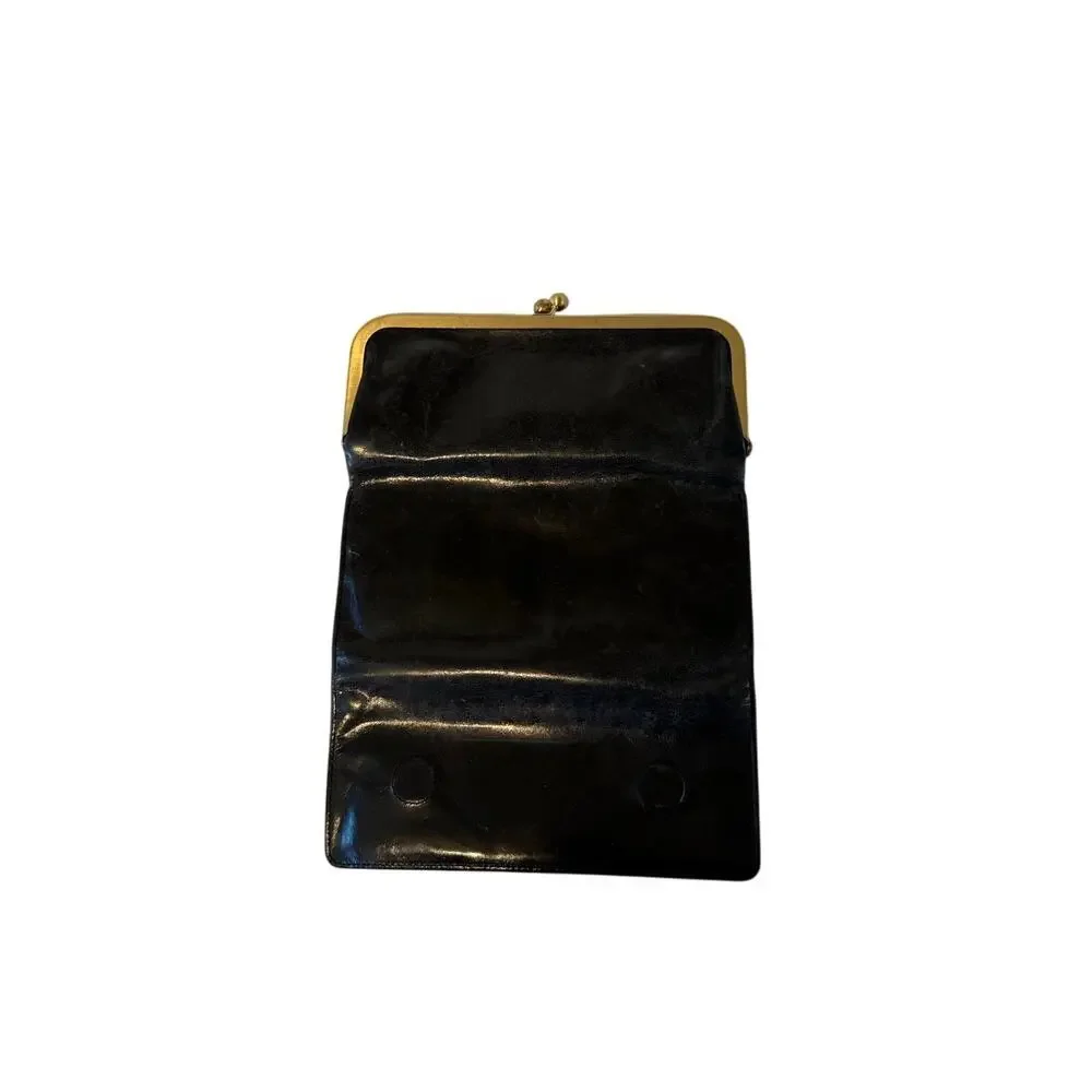 Hobo Clutch Purse Bronze Hardware Inner Pocket Leather Kiss Lock Black